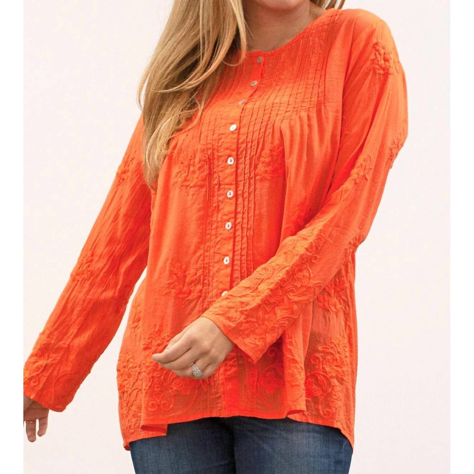 New Caite & Kyla Yoanna Embroidered Blouse In Spicy Orange In Orange